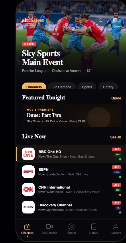 Live TV — Sky Sports hero, Featured Tonight and Live Now channel rows with programme guide