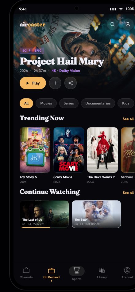 Aircaster On Demand — featured title with Trending Now posters and Continue Watching