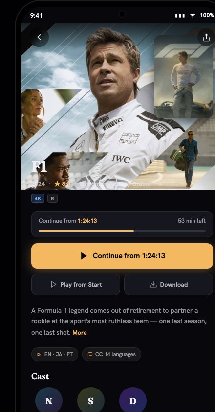 Movie detail — resume playback with cast and language info